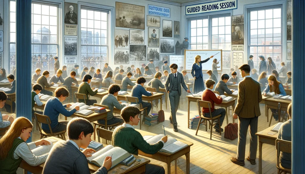 A lively classroom filled with middle to high school students engaged in a guided reading session. The students are seated at desks, intently reading from open books and taking notes. A teacher is actively interacting with the students, pointing out key sections in the texts. The room is well-lit and adorned with educational posters of historical timelines and figures. A large chalkboard at the front displays 'Guided Reading Session', and in one corner, a small group collaborates around a table in discussion. The environment is one of focus, learning, and engagement.